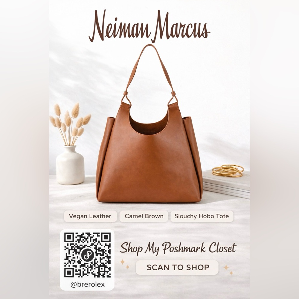 Neiman Marcus Camel Brown Vegan Leather Slouchy Hobo Tote Bag Large NWOT